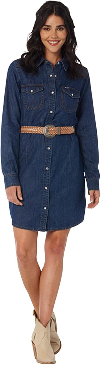 Wrangler Women's Retro Long Sleeve Western Denim Snap Dress