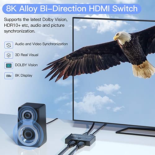 8K Hdmi Switch, Hdmi Switcher 1 In 2 Out Or 2 In 1 Out, Hdmi 2.1 Switch Support 8K@60Hz And 4K@120Hz, Compatible With Xbox X, Ps5, Blu-Ray Player, 8K Uhd Tv, Monitor And Projector #TOP3
