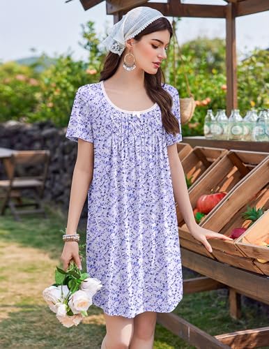 Image of Ekouaer Nightgowns for Women Pleated Sleep Shirts Short Sleeve Night Shirts Lace Trim Night Gown Ladies Sleep Dress