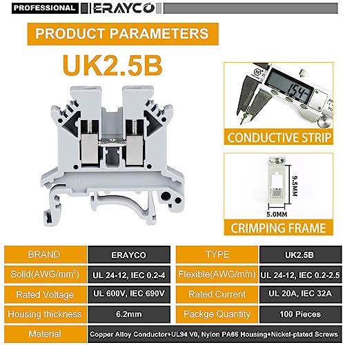 Erayco Bloco de Terminais de Trilho Din Uk2.5B-Bl, Braçadeira de Parafuso, 600 V 20 A 24-12 Awg, Pac