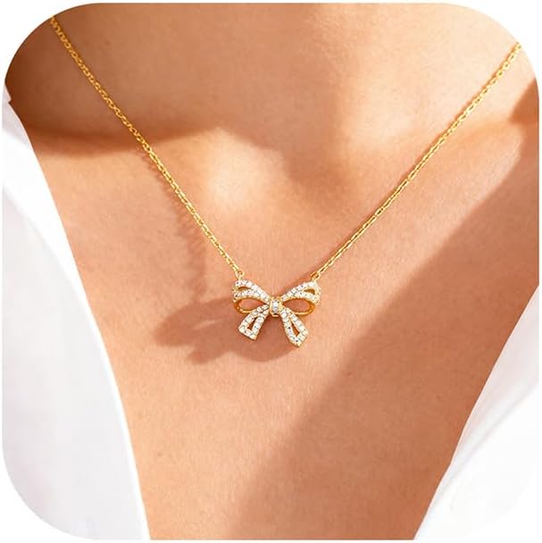 Choistily Gold Necklace for Women Dainty Bow Necklace 14K Gold Plated Choker Necklaces Cute Bow Pendant Charm Necklaces Trendy Stuff Personalized Jewelry Gifts