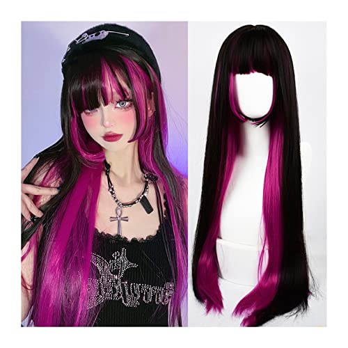 Perruque de cosplay de style manga, longs cheveux noirs et roses pour soirées et festivals