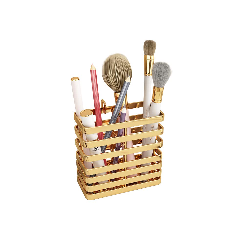 WINTENTMetal Rotating Makeup Organizer with makeup brush holder,2 tier Lazy Susan Bathroom Organizer Countertop Gold (Makeup Brush Holder)