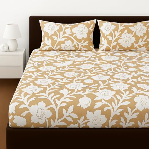 Image of Elastic Fitted Bedsheets with 2 King Size Pillow Covers | Double Bed with All Around Elastic, Size 72 x 78 x 8 Inches (Yellow Floral)