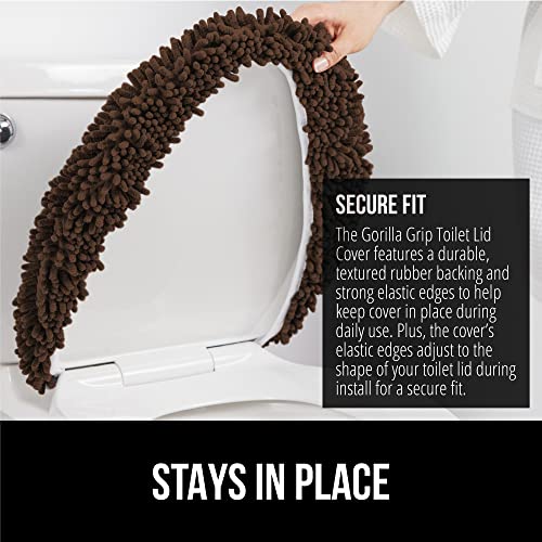 Image of Gorilla Grip Shag Chenille Bathroom Toilet Lid Cover, 19.5 x 18.5 Inches Large Size, Machine Washable, Ultra Soft Plush Fabric Covers, Fits Most Size Toilet Lids for Bathroom, Brown