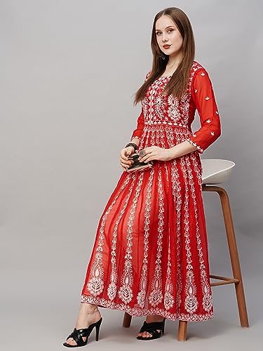 Image of ANNI Designer Women's Georgette Regular Fit Anarkali Chikankari Embroidered Calf Length Kurta Dress