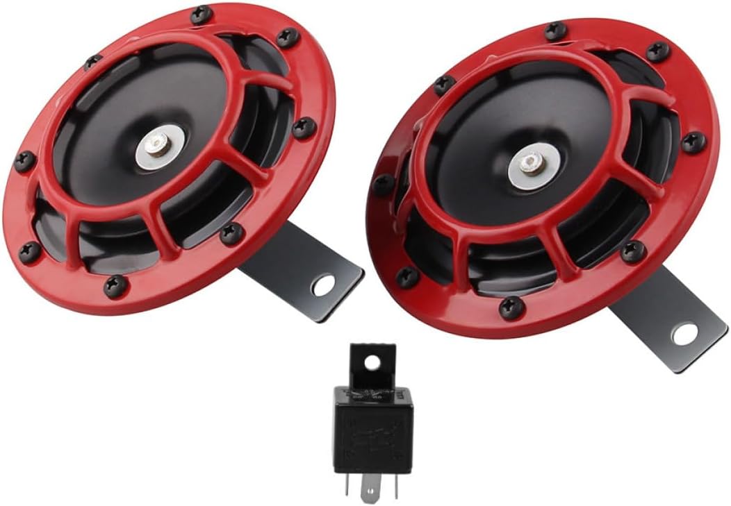 12v Car Horn Kit with High Low Tone Electric Whistles, Red Pair with Relay, Motorbike and Auto Modification Replacement Parts for Cars and Motorcycles