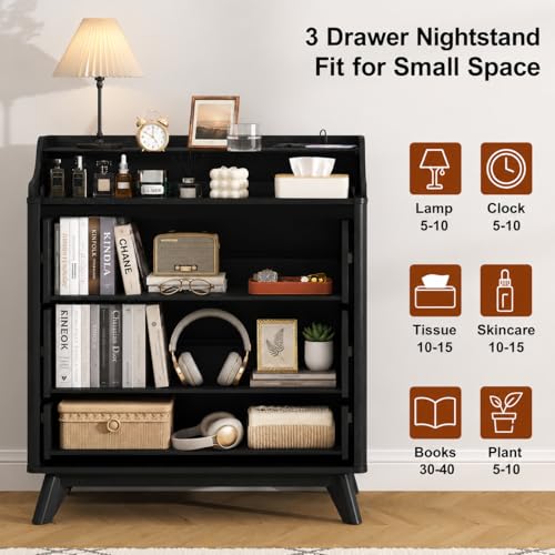 35" Large Night Stand Set of 2 with Charging Station, 3 Drawer Nightstand - Image 5