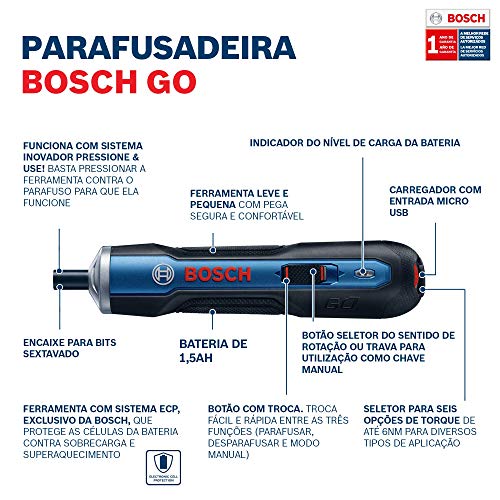 Parafusadeira a Bateria Bosch Go 3,6V BIVOLT 32 bits e maleta
