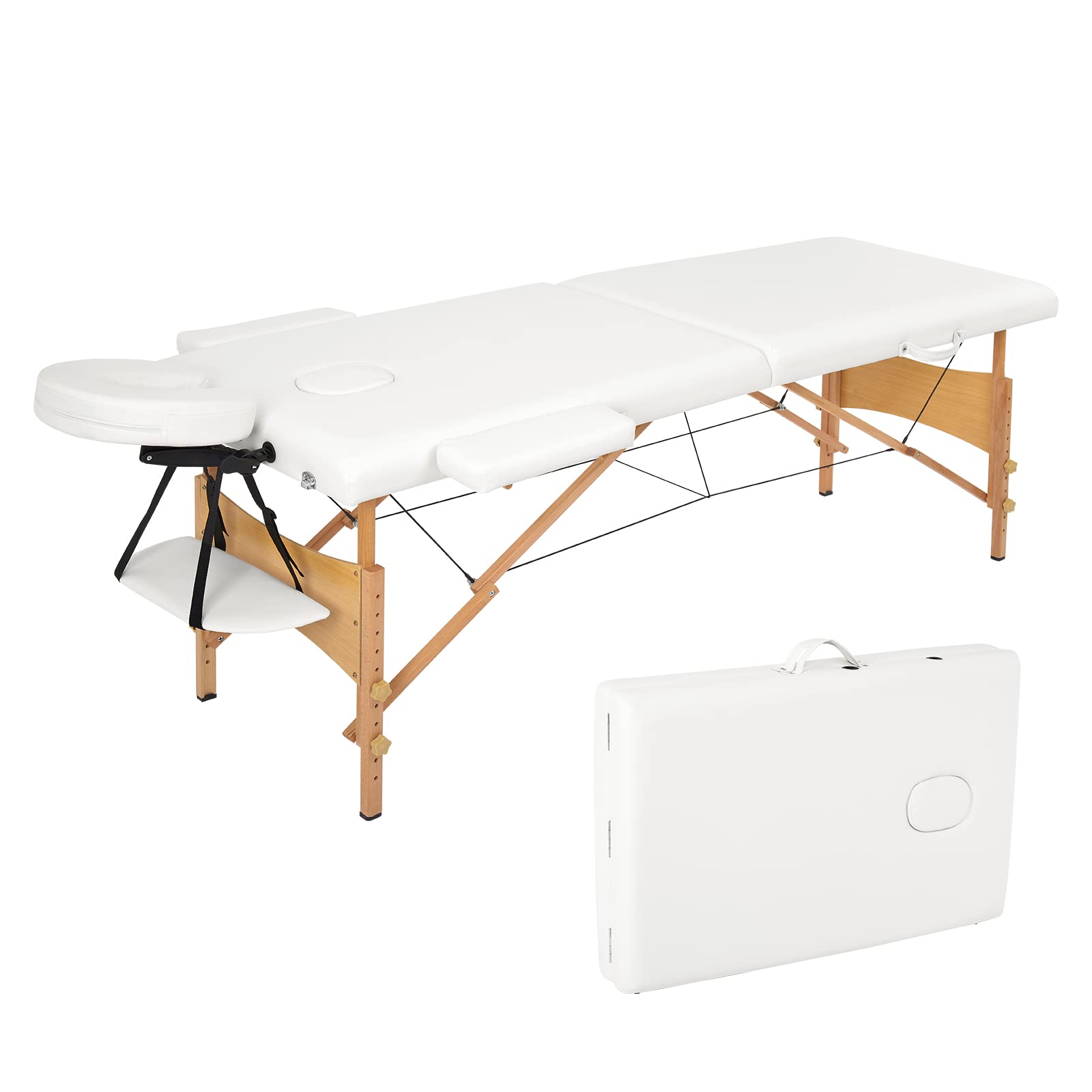 Meerveil Portable Massage Table 2 Sections Folding Cosmetic Bed in Leather and Wood, with Removable Headrest, Adjustable Armrests, Carry Case and Accessories，White, 198x60x81cm