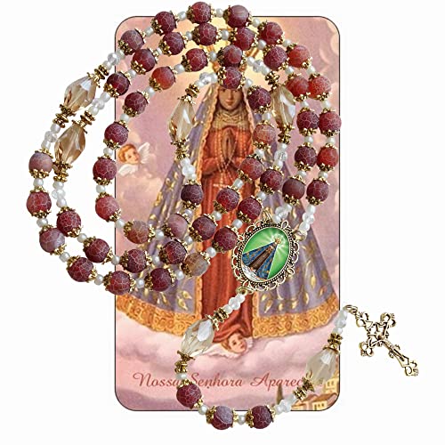 Nossa Senhora Aparecida Patron of Brazil Fire Quartz 10mm Beaded Rosary with Gold Plated Crucifix and Findings Cabochon Centerpiece with Color Image Includes a Blessed Prayer Card2