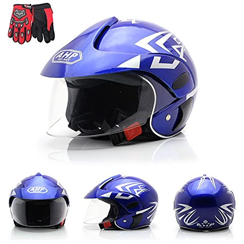 RJHY Casque de Moto pour Enfants, Demi-Casques de Moto, Moto électrique Four Saisons cyclomoteur garçons Filles Enfants Enfants, propice au 2-8 Ans,Bleu