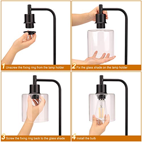 Industrial Table Lamp, Stepless Dimmable Vintage Bedside Nightstand Lamp with 2 USB Ports and AC Power Outlet, Glass Shade Farmhouse Lamp for Bedroom Living Room Office, LED Bulb Included