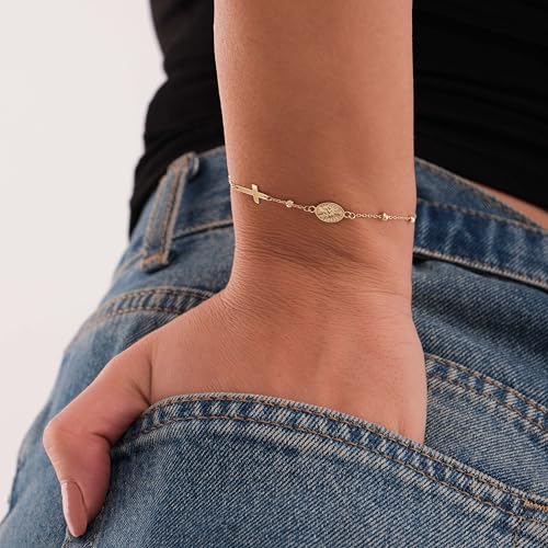 Image of MIONZA Catholic Medal Cross Bracelet for Women | 14K Gold Plated or Solid Gold, Religious Rosary Jewelry, Choose Your Saint Medal Bracelet