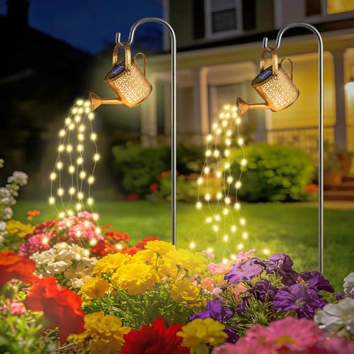 Solarlampen mit Lichterkette Gießkanne, 2 Stück Warmweiße Solar Gießkanne mit Schäferhaken, IP65 Wasserdicht Automatischer Lichtsensor Vintage LED Außen Solarlampen für Patio, Blumentopf und Rasen