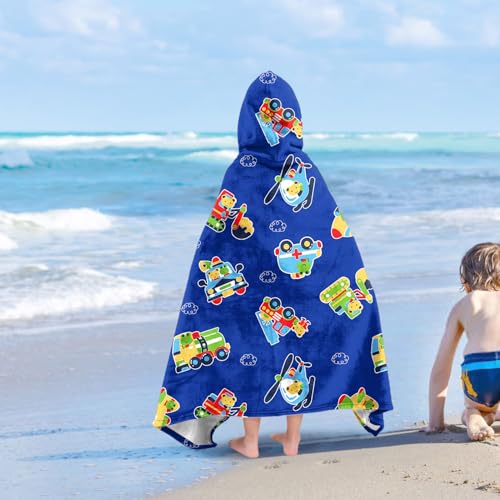 Image of Engineering Vehicle Boys Beach Towel with Hoodie for Kids Toddlers Age 4-8,Car Blue Bath Towels Shower Wrap for Boys, Hooded Poncho Beach Blanket for Pool Swimming Cute Wearable Bath Towel for Child