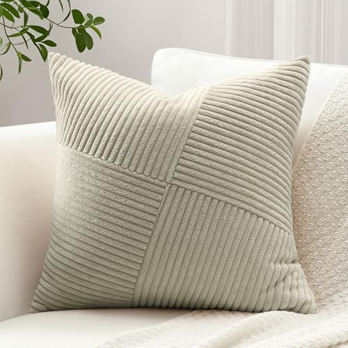Sungeek Set of 1 Soft Corduroy Decorative Cushion Cover 45x45cm Striped Pinwheel Patchwork Textured Throw Pillow Cases Farmhouse Solid Square Pillow Covers 18x18 Inch for Sofa Bed Couch, Neutral Taupe