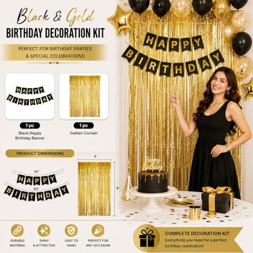 Image of Birthday Decoration Set 54 Pc, Bday Decoration Combo Pack, Birthday Function Party Decoration kit, Black & Golden Balloon, Themed Party for kids