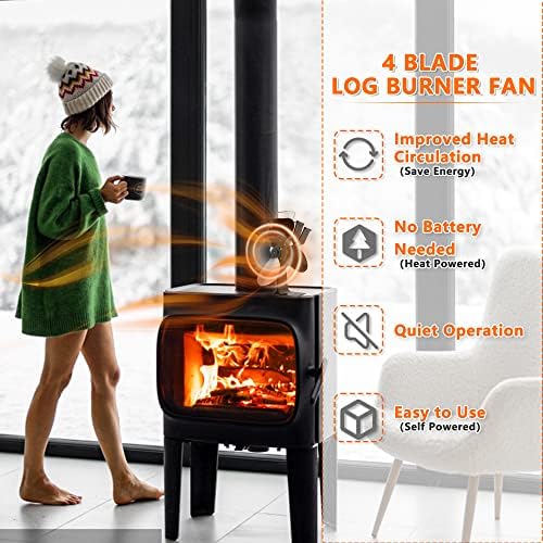 4 Blade Stove Fan,Heat Powered Small Log Burner Fan - Silent Operation/Eco Friendly Circulation/Efficient Heat Distribution,Self Powered Fire Fans for Wood Burning Stoves/Fireplace(Black)