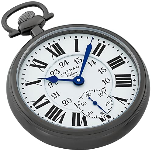 Gotham Classic Series Gunmetal Plated Stainless Steel Open Face 17 Jewel Mechanical Hand Wind Pocket Watch # Gwc14112B #TOP1