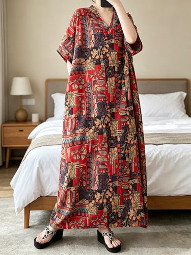 Image of Plus Size Summer Dress Printed V Neck Casual Loose Long Dresses with Pockets