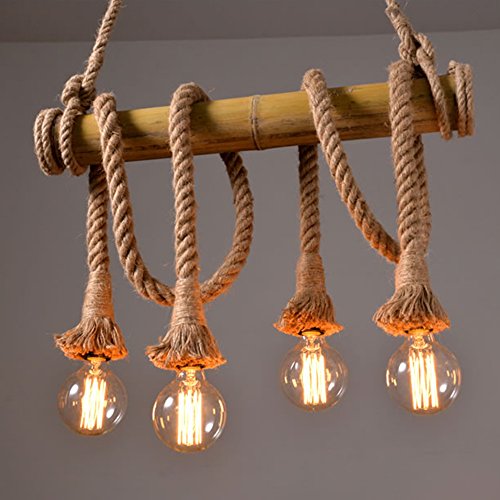 Industrie Corde chanvre Bambou Lampe suspension Edison LED Métal vieilli Lustre Lampe suspension, 220 V, 40 W - - 4 lumière