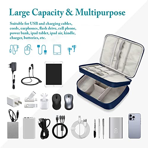 Image of House of Quirk Polyester Electronics Travel Organizer, Double Layer Cable Organizer Bag Watreproof Electronics Accessories Storage Bag For Cord, Charger, Phone, Power Bank, Hard Drive (Navy Blue)