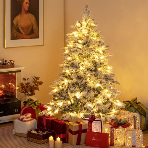 Image of Goplus 4.5ft Pre-Lit Snow Flocked Christmas Tree, Artificial Hinged Xmas Tree with 757 Branch Tips, PE & PVC Mixed Leaves, 120 Warm-White LED Lights, Foldable Metal Base, for Home Office Holiday Decor