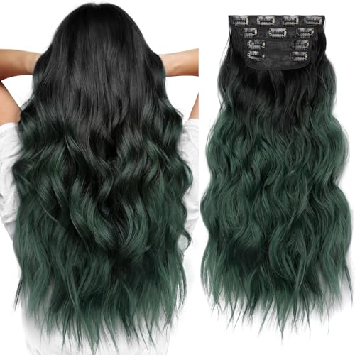 KooKaStyle Clip in Synthetic Hair Extensions Long Wavy 4PCS Thick Hairpieces Black to Green Ombre Fiber Double Weft Natural Hair Extensions 20 Inch for Women
