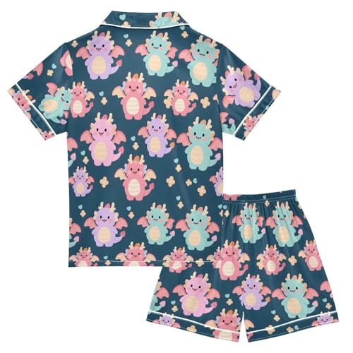 Cute Dinosaur Heart Flower Summer Pajamas Set Soft Satin Pjs Sets 2 Piece Short Sleeve Sleepwear Casual Clothes2