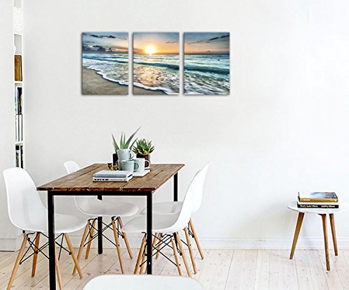 Canvas Wall Art Beach Sunset Ocean Waves Wall Decor 3 Pieces X 12" X 16" Modern Seascape Canvas Artwork Contemporary Nature Pictures Painting Giclee Prints Framed Ready To Hang For Home Decoration #TOP3