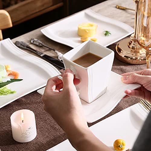 MALACASA, Series Flora, 42-Piece Dinner Set Wave Shaped Ivory White Porcelain Tableware Set with 6-Piece Cups/Saucers/Dessert Plates/Soup Plates/Cereal Bowl/Egg Cups/Dinner Plates, Service for 6