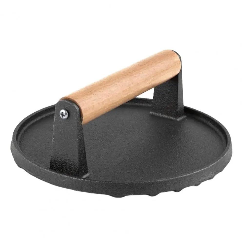CTRLZS Meat Press for Grilling Round Cast Iron Bacon Press Burger Press with Wooden Handle