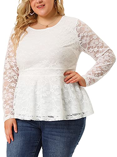 Agnes Orinda Plus Size Peplum Blouse for Women Ruffle Hem Long Sleeve Lace Christmas Tops 2X White