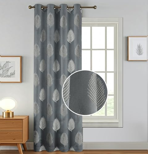Image of FRESH FROM LOOM Premium Anti-Wrinkle Curtains | 12 Feet Long | 80% Sun Block | Elegant Jacquard Fabric for Doors & Windows, Luxury Curtain (12ft, Grey Leaf, 1pc)