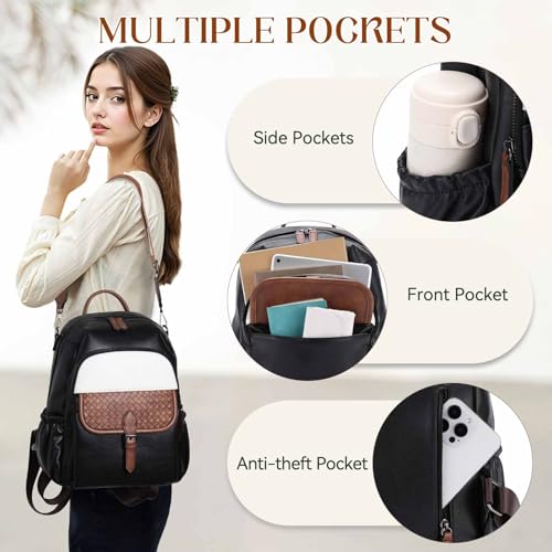 Image of RAVUO Backpack Purse, Fashion Vegan Leather Women Bakcpack Designer Ladies Handbag for Work Travel College,Black and Brown-Meduim