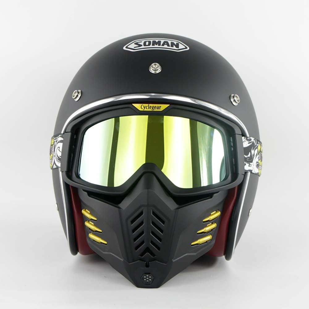 Motorcycle Harley Helmet Men's Retro Open Half Helmet Aviator Goggles Glasses with Removable Mask DOT Certification Seasons 3/4 Cruiser Helmet,D,L