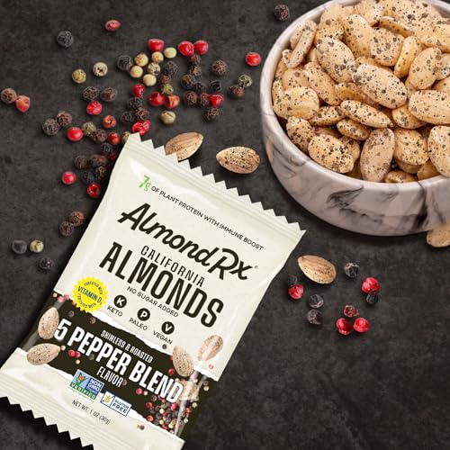 Image of AlmondRx | Heart Healthy Skinless Lightly Salted California Almond Snack Packs | Fortified with Vitamin D | Plant Protein | Keto | Vegan | No Sugar Added (48 Pack, 5 Pepper Blend)