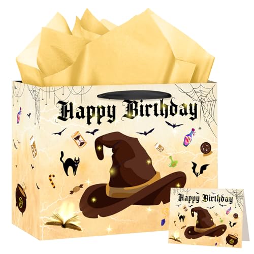 LUUFILx Wizard Birthday Gift Bag Wizard Hat Birthday Party Favors with Wrapping Paper Card Wizard School Gift Wrap Bag for Girls Boys Halloween Wizard Party Decorations Party Supplies (Yellow)