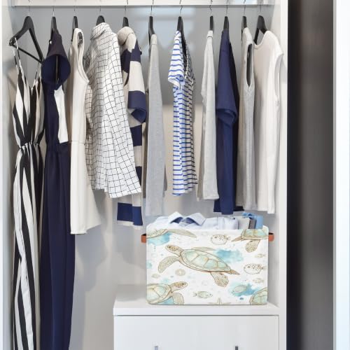 Image of Tropical Ocean Sea Animal Square Storage Basket, Fabric Storage Bin with Leather Handles Collapsible Storage Bin Nursery Hamper for Organizing Toys, Clothes, Books, Gift Baskets
