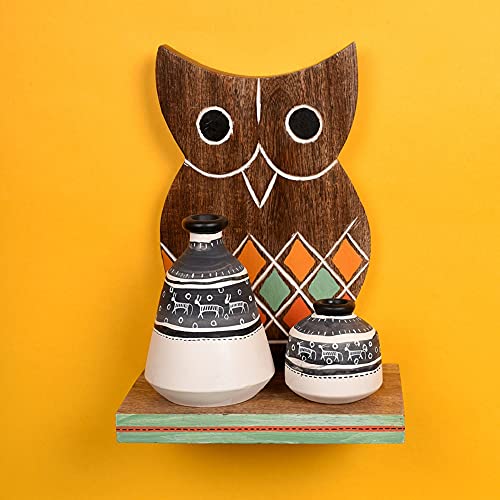 Image of AAKRITI ART CREATIONS Owl Wall Decor Shelf with 2 Pots Handcrafted in Wood | Warli Art Wooden Hanging Shelf with Vases | Matte Finish Decorative Wall Art for Living Room, Entryway & Gifting