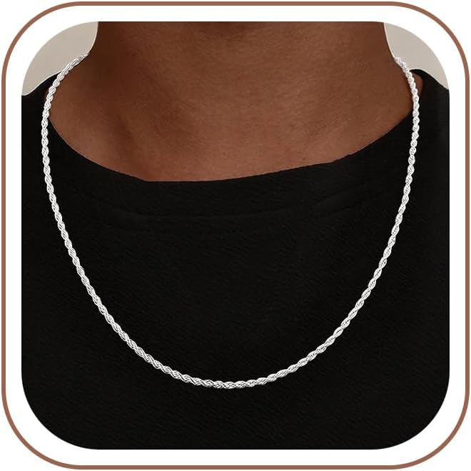 925 Sterling Silver Diamond Cut 3mm 4mm Rope Chain, Exquisite Men's Silver Chain Necklace, Ideal Present for Men, Dads and Boyfriends
