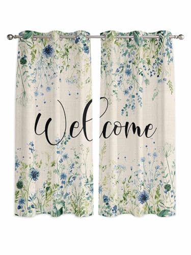 Blue Flowers Window Curtains Panels with Silver Grommet,Watercolor Pastoral Botanical Garden Leaf Kitchen Cafe Curtain Draperies Window Treatment Set for Living Room/Bedroom/Bathroom/Cafe,84x84