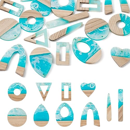 Pandahall 20Pcs Resin Wood Pendants Ocean Theme Geometric Teardrop Donut Wooden Charms for Dangle Drop Earring Necklace Jewelry Making