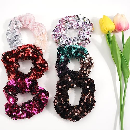 6 Pack Hair Scrunchies For Girls Shiny Reversible Sequins Elastic Scrunchy Hair Ties Ponytail Holder For Girls Women Hair Accessories For Gym Dance Party Club #TOP4