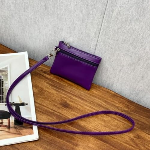 PU Leather Double Zipper Wallet Purse for Women Men Hands Free Neck Wallet with Long Strap-Purple4