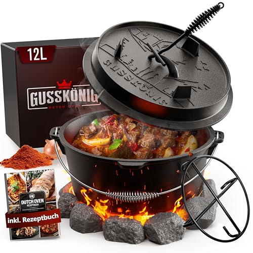 GUSSKÖNIG Dutch Oven Set [12L] - Eingebrannter Feuertopf mit praktischem Deckelheber und Edelstahl...