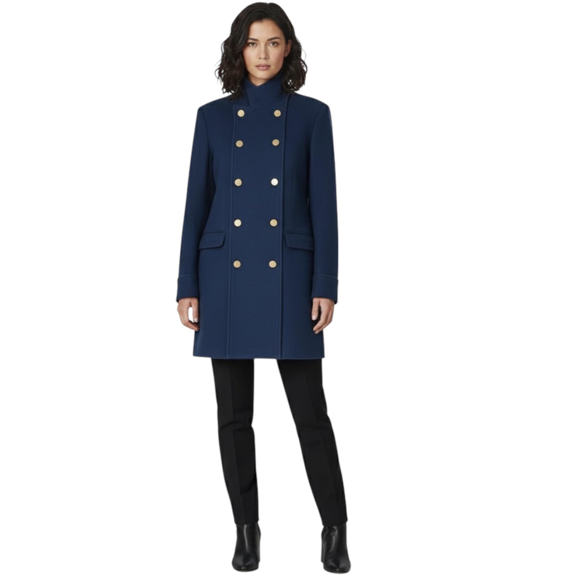 Women's Navy Blue Wool Blend Double Breasted Peacoat Gold Button Winter Overcoat L-picture-18