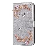 Custodia a portafoglio per iPhone 15, in pelle lucida glitterata, con fiore e fibbia a diamante, custodia protettiva in TPU antiurto con supporto magnetico per carte di credito, argento
