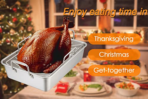 Teamfar Roasting Pan, 15 Inch Large Turkey Roaster Lasagna Pan With V Rack & Cooling Rack Set Stainless Steel For Thanksgiving Christmas, Healthy & Heavy Duty, Deep Side & Dishwasher Safe - 3 Pcs #TOP6